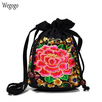 

2020 New Women Embroidered Bag Casual Shoulder Messenger Small Bucket Bag Floral Drawstring Beach Travel Bags Ethnic Women Totes