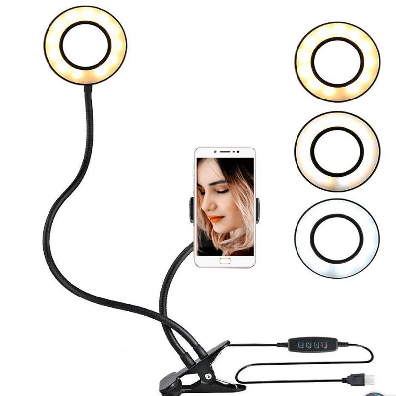 

2 IN 1 Lazy Phone Holder 3 Modes LED Fill Light Long Arms Desktop Bed stand Adjustable Aluminum alloy Mount live video streaming