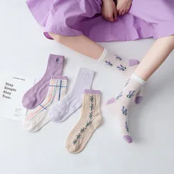 Socks Girl Spring And Autumn Ins Trend Net Red Socks Personality Breathable Mesh Summer Thin Purple Flower Socks Women