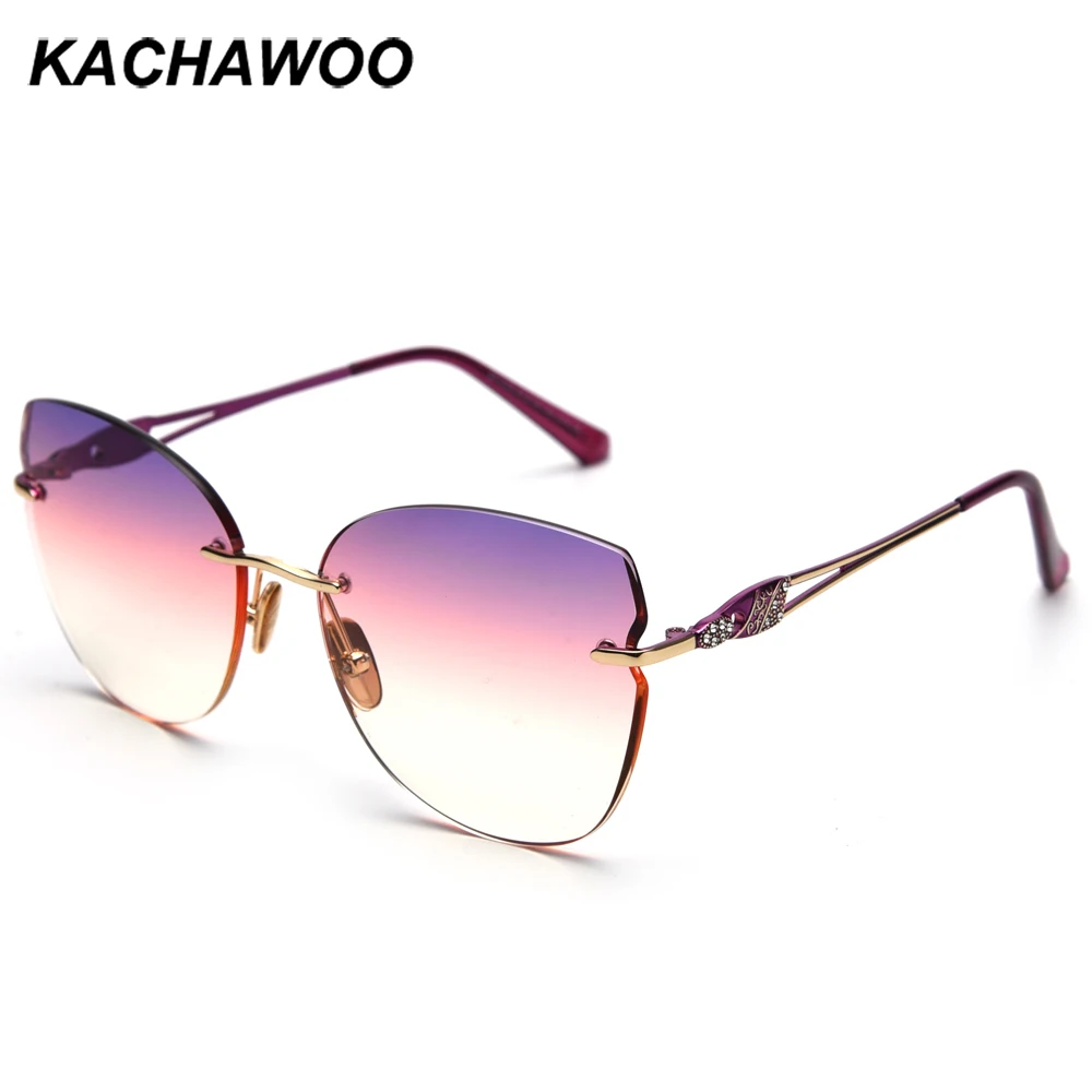 Kachawoo, женские солнцезащитные очки без оправы, кошачий глаз, металл, фиолетовый, розовый, стразы, оттенки, для девушек, градиентные линзы, высокое качество, подарки на год