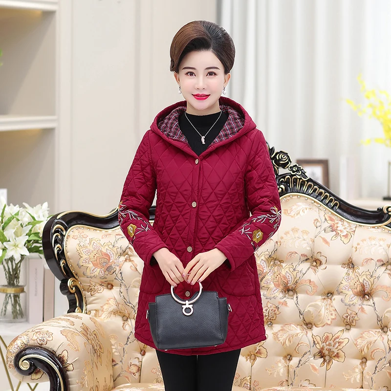 

Autumn and winter Parka clothing coat jacket women's long section medium length Female hooded light embroidered cotton jackets