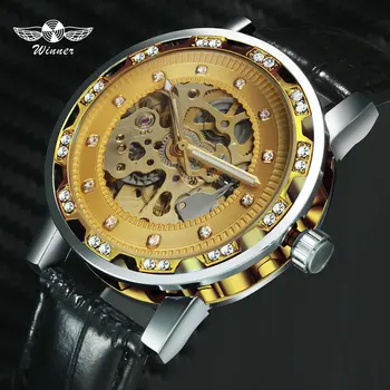 

WINNER Official Fashion Mens Watches Top Luxury Brand Automatic Watch Leather Strap Rhinestone Iced Out Mechanical Wristwatch