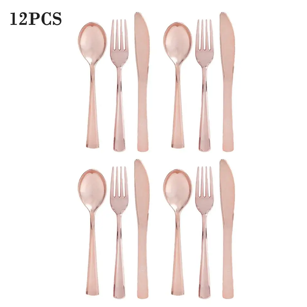 

12PCS/Pack Flat Plating Gold Disposable Cutlery Western Dessert Cutlery Ice Cream Spoon Long Handle Cutlery Solid Tableware Tool