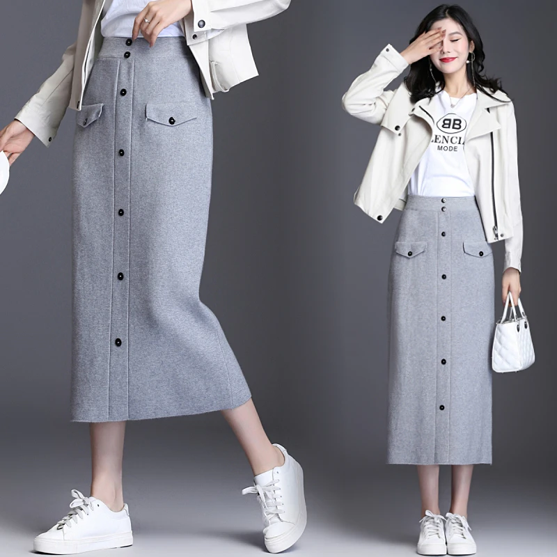 HAYBLST брендовая одна юбка женская Осень Зима Плюс Размер XL элегантная винтажная Корейская стильная модная длинная трикотажная одежда