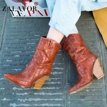 

ZALAVOR Half Short Boots Women European British Style Winter High Heel Boots Pointed Toe Fall Warm Brand Shoes Women Size 34-44