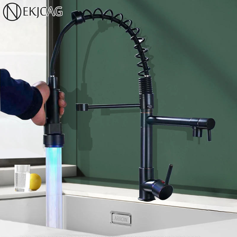 Blcak Kitchen Faucet With LED Light Pull Down Spring Kitchen Sink Faucets Dual Swivel Spout Kitchen Torneira Hot Cold Mixer Tap