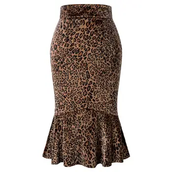 

Belle Poque Steampunk Leopard Mermaid skirt Retro Bodycon Pencil Skirt Ruffles Mermaid Hem Sexy Pack hip Midi Skirt Women Spring