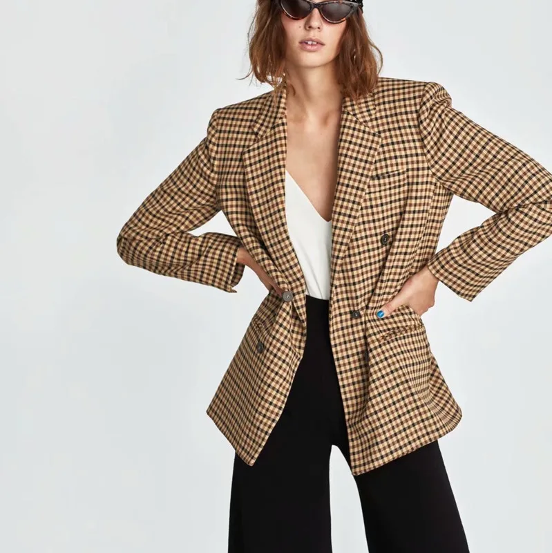

[EWQ]2019 Autumn New Pattern Streetwear Style Full Sleeve Plaid Pattern Double Breasted Closere Turn Down Collar Suit Coat AF498