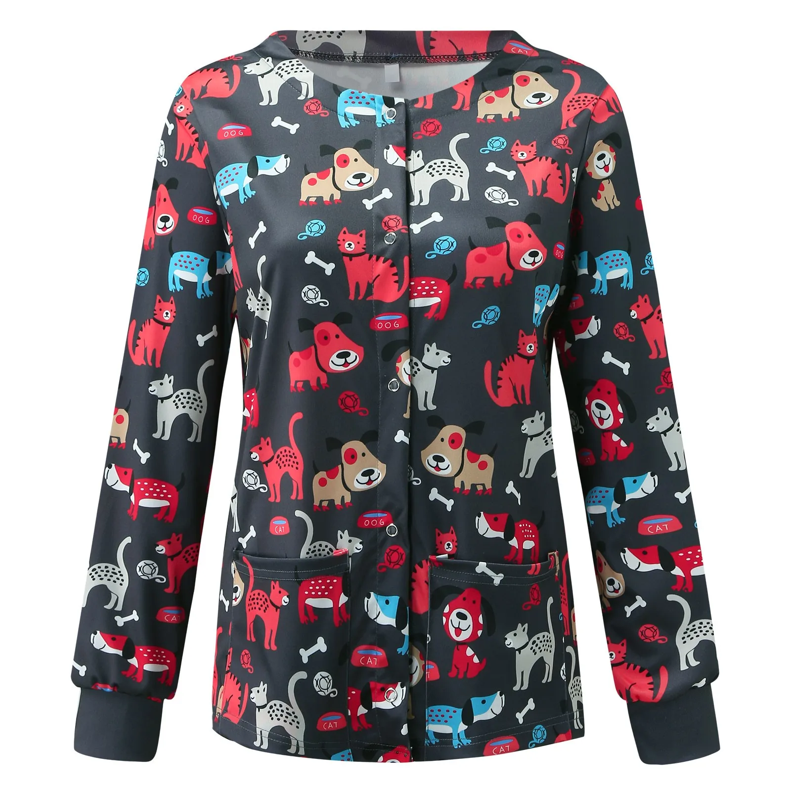 Plus Size Women Medical Unifroms Women Scrubs Long Sleeve Animals Pattern Autumn Nursing Working Uniform Blouse Workwear Scrubs