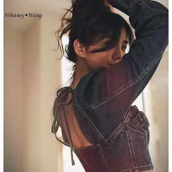 

WHITNEY WANG Blouses Woman 2019 Autumn Fashion Streetwear Sexy Backless Short Slim Denim Tops Women Blouse Women Blusas Shirt