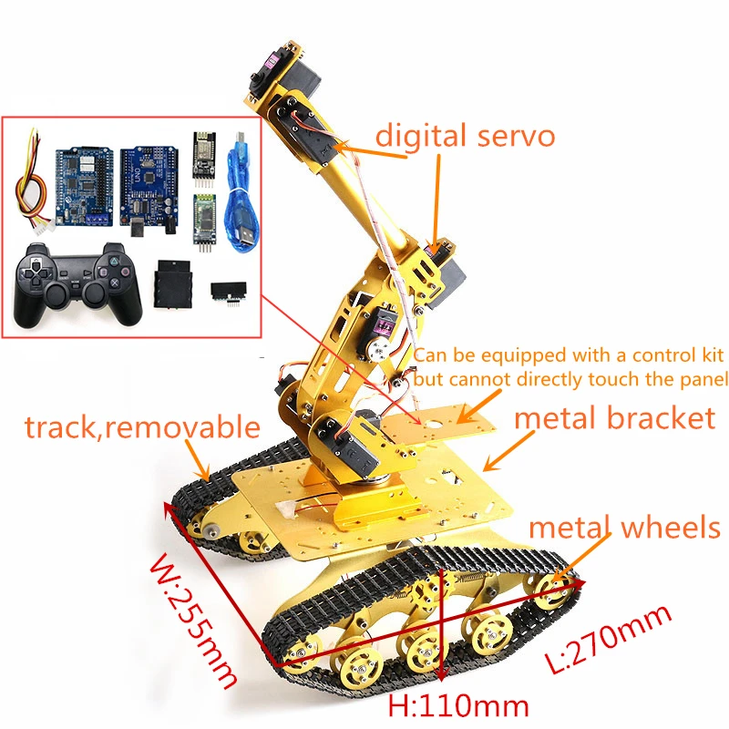Metal 7DOF Robot Arm with TS300 Metal Tank Chassis Kit High Torque 7pcs Digital Servo+2pca DC Motor+Control Kit DIY Heavy Load