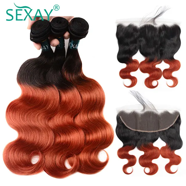 Sexay Burnt Orange Human Hair Bundles With Closure Ombre 1B/350 Remy Brazilian Body Wave Hair With Frontals 3 Pcs With Closure Bundles with Frontal