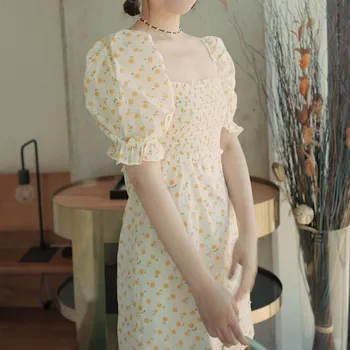 

Daisy Floral Womens Mini Dress 2020 New Summer Square Collar Retro Puff Sleeve High Waist Lady Pleated Short Dresses Sundress