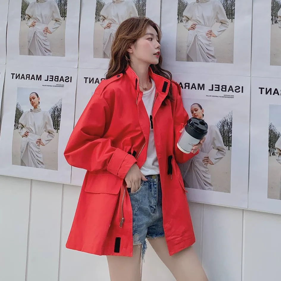 

Photo Shoot Korean-style INS Ginger Stand Collar BF Drawstring Waist Hugging Workwear Trench Coat Mid-length Loose Casual Coat W