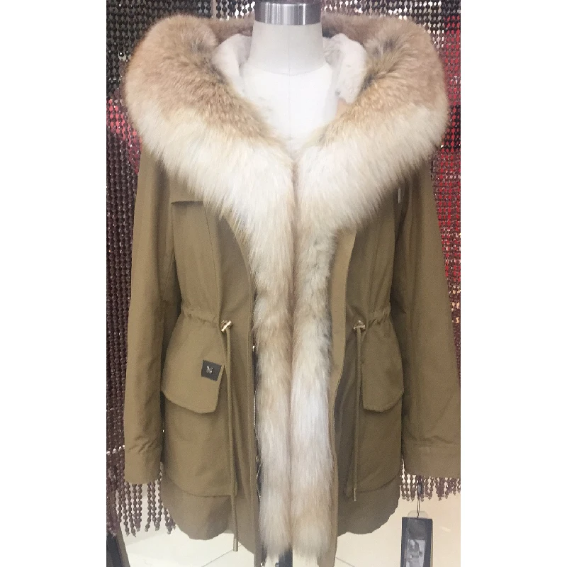 

Women winter short parka coat jacket hooded fox collar detachable rabbit liner yellow color fabric 9-19803