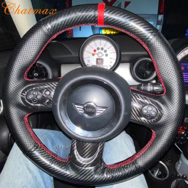 

For Mini Cooper S 2011-2019 Individual Customize Hand Sewing Car Steering Wheel Cover Black Carbon Fiber Leather 5D Design