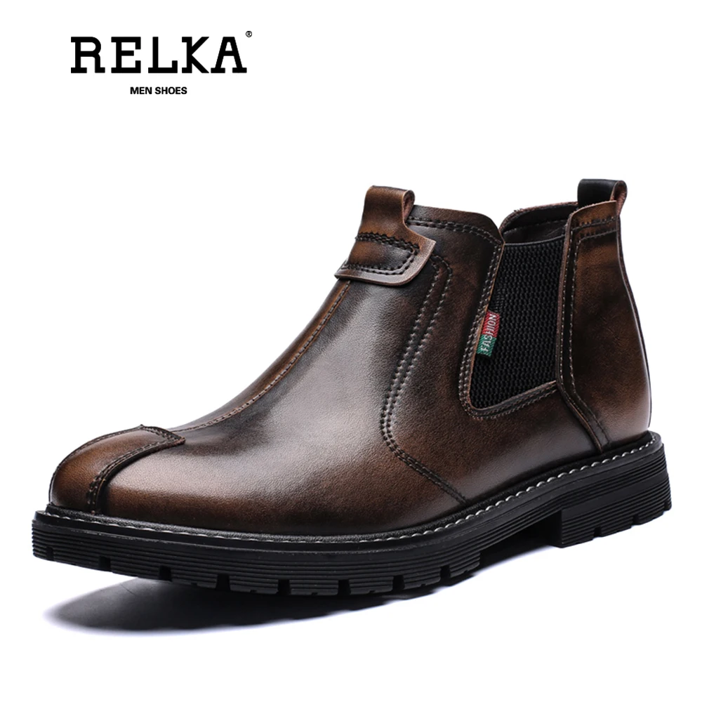 

RELKA New Spring Autumn Winter CheLsea Men Boots Warm Lining Plush Genuine Leather Cowboy Martin Boots Men Shoes B4