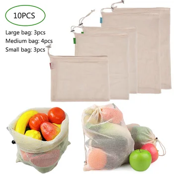 

10PCS Vegetable Bag Eco Reusable Bag For Vegetables Fruits Ecological Reusable Produce Bag L M S Kitchen Storage Cotton Mesh Bag