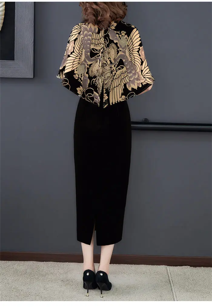 Китайский стиль одежды золотой бархат печати плащ Винтаж Ципао платье для женщин элегантного размера плюс вечерние платья Femme Robe Vestidos f2626