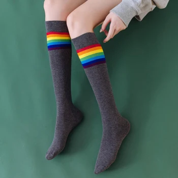 

1pair Fashion Cotton Polyester Women Socks Soft Colorful Knee High Japanese Style Warm Rainbow Striped Shopping Autumn Winter