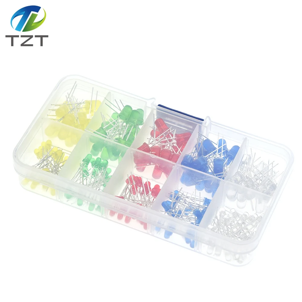 TZT, 200 шт./лот, 3 мм, 5 мм, светодиодный комплект с коробкой, разноцветный, красный, зеленый, желтый, синий, белый светильник, диод, ассортимент 20 шт., каждый