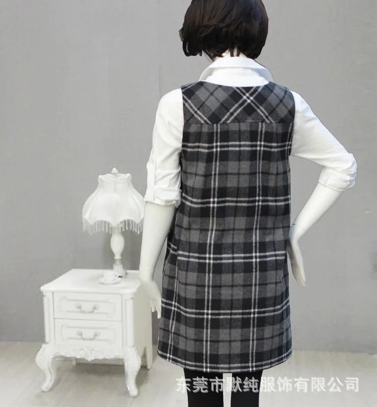 Осенний корейский стиль, большой размер, жилет средней длины с v-образным вырезом, приталенный шерстяной клетчатый однотонный шерстяной жакет для женщин