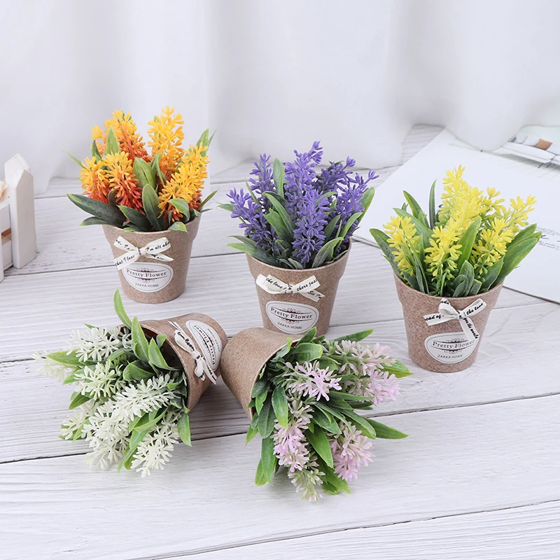 Artificial Plant Decorative Flower Home Decoration Fake Flower Small Mini Potted Bonsai Green Plant 1 Set and Vase