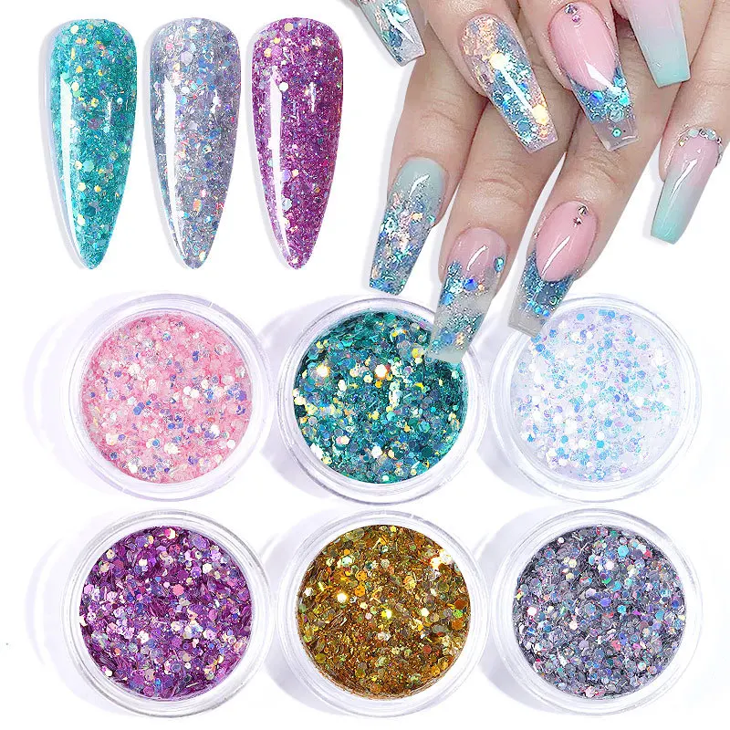 

6 Boxes Glitter Sequins Holographics Powder Shining 3D Hexagon Colorful Summer Autumn Popular DIY Nail Art Decor