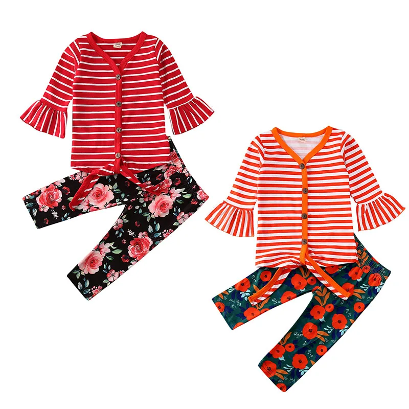 

Newborn Baby Spring Autumn Baby Girl Clothes Striped Tops Flared Sleeve T-shirt Tops Flower Leggings Pants Toddler Outfits Set