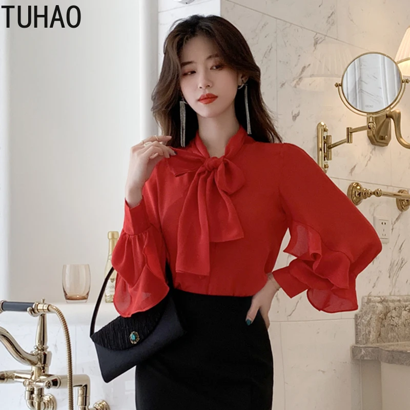 

TUHAO Elegant Office Red Blusas Blouses Runway Women Autumn Long Sleeve Lace Up Shirts Lady Blouse Chiffon Tops Work Shirt WM14
