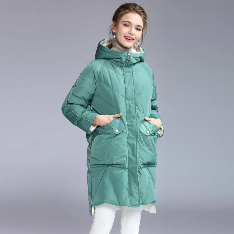 

New mid-length large pockets hooded down jacket women winter thick 90% white duck down warm women's casual coat
