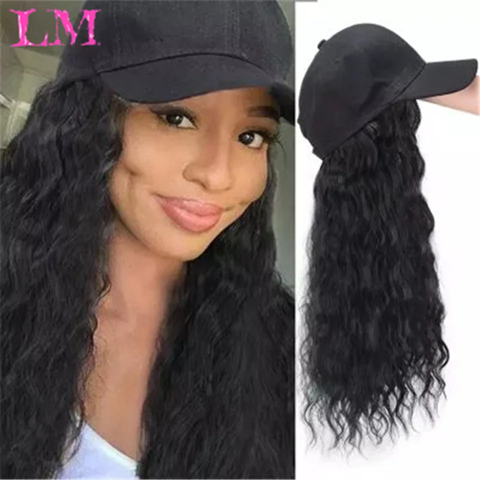 LM Long Synthetic Baseball Cap Hair Wig Natural Black Cap Hair