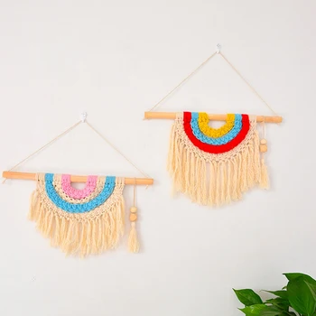 

Hand-Knitted Fringed Small Bunting Boho Decor Macrame Tapestry Wall Hanging Flag Children's Room Decor Headboard Wall Tapestry