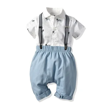 

Boys short-sleeved summer shorts suit Romper cotton woven strap puppy shirt shorts three-piece climbing clothes