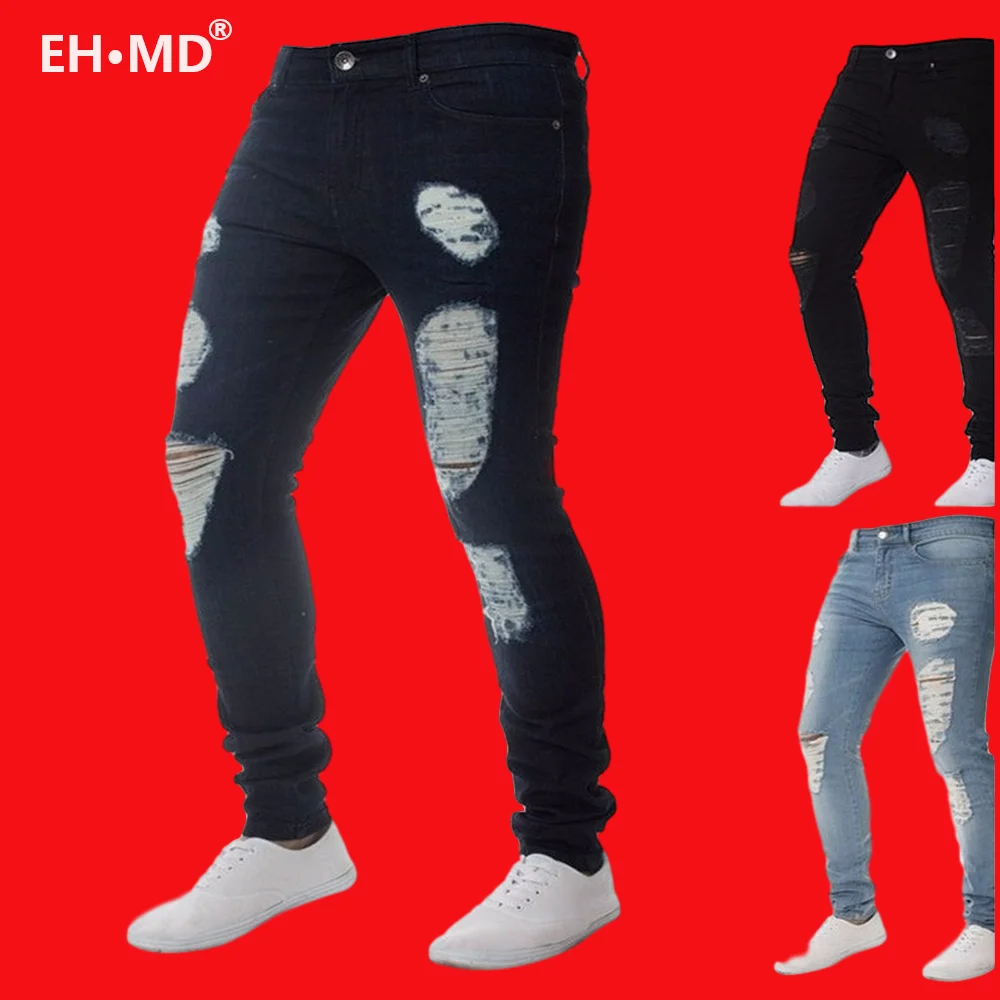 EH · MD® Solid Color Large Hole Jeans Men's Cotton High-Stretch Elastic Pencil Pants Breathable Thin Comfortable Leak-out 2020
