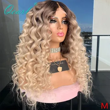

Kinky Curly Lace Front Wig Platinum Blonde with Brown Roots 13x6 Human Hair Wigs Brazilian Remy Hair 150% Deep Middle Part Qearl