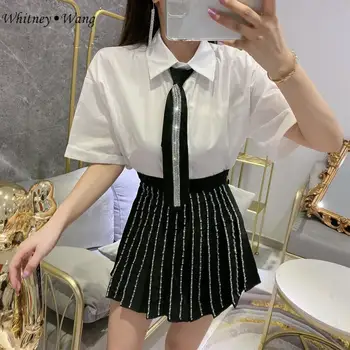 

WHITNEY WANG Blouses 2020 Summer Fashion Streetwear Cool Girls Diamonds Bow Tie Blouse Women Blusas Lady Shirt Top