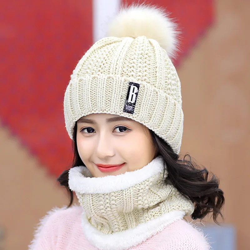 Intimate Design Women Winter Beanie PomPom Hat Thick Warm Soft Neck Warmer Knit Balaclava Soft Fabric Not Easy To Pilling