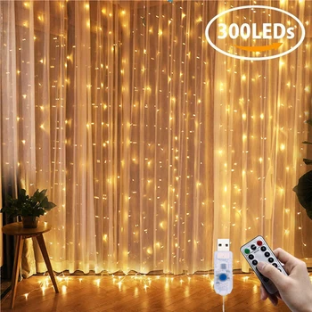 3X3M Led Guirlande Gordijn Lichten Usb Power Fairy Lights Gordijnen Voor Living Controle 8 Modes Remote Thuis kamer Kerst Decoratie