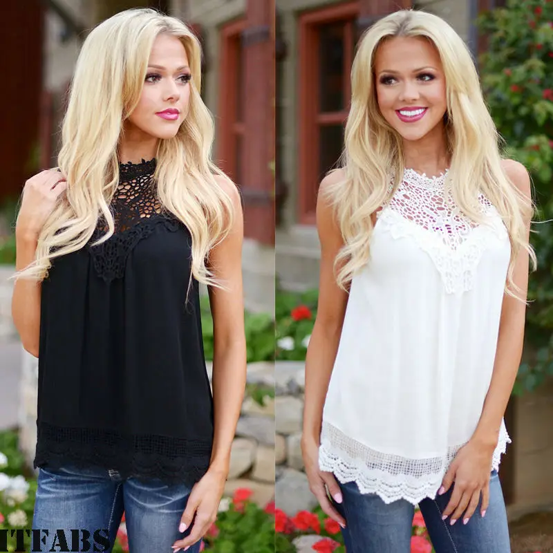 Для женщин Кружева шифон майки Летний кружевной топ без рукавов Свободный Повседневный леди на бретелях для девочек, футболка