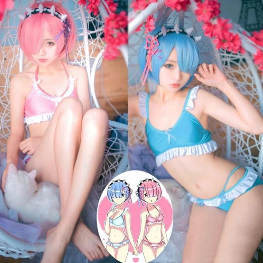 

Re Life in a different world from zero Ram Rem Cosplay Lolita Women Split Two Pieces Swimwear Swimsuit Sexy Bikini Set Bathing