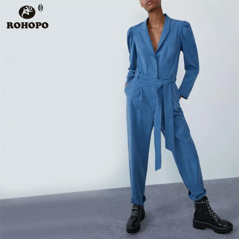 

ROHOPO Sky Blue Long Sleeve Lantern Sleeve Belted Jumpsuit Top Buttons Fly Notched Collar Solid Autumn Rompsuit #9345