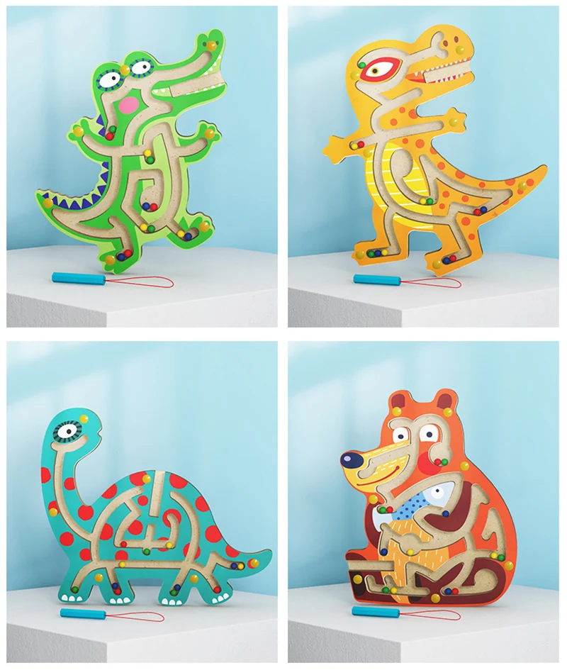 Kid Montessori Early Learning Educational Toys Wooden Magnetic Animal Maze Puzzle Dinosaur Walking Beads Labyrinth Children Toys