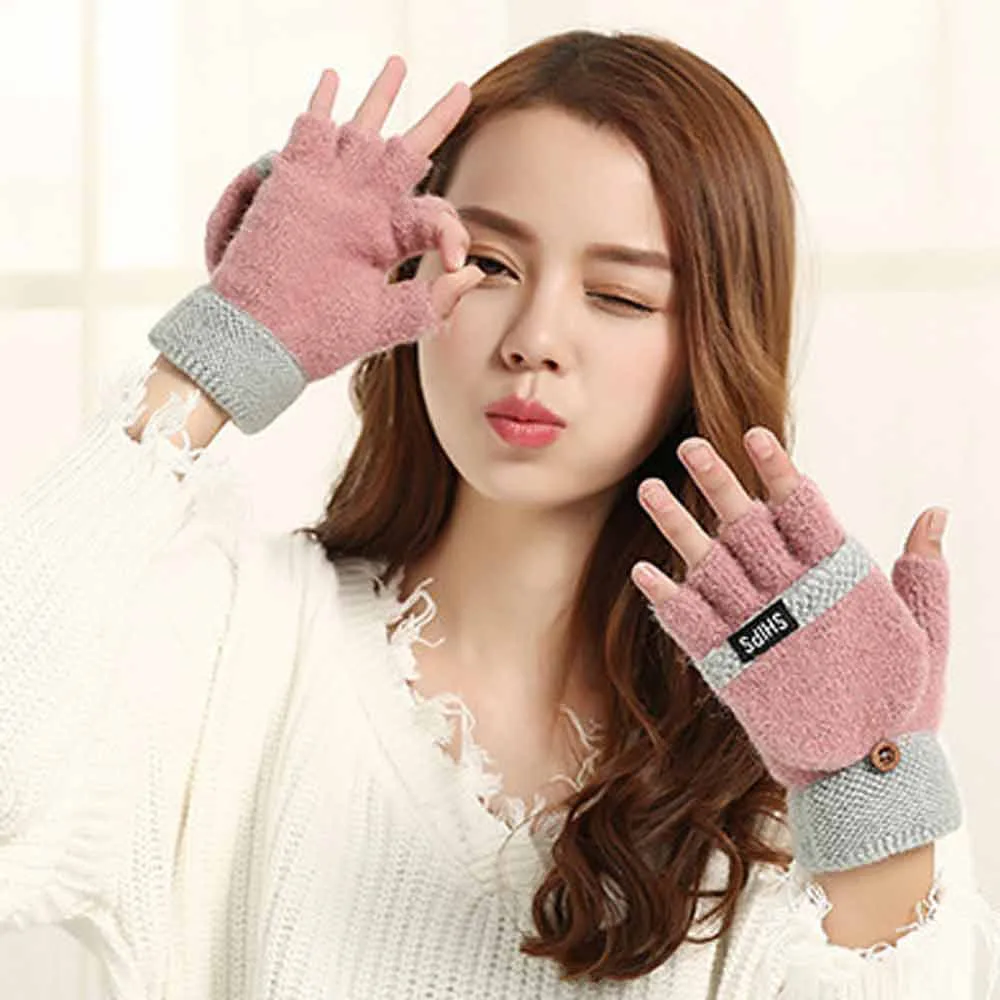 Модные теплые женские перчатки без пальцев зимой с искусственным кроличьим мехом милые вязаные варежки для девочек без пальцев на запястье