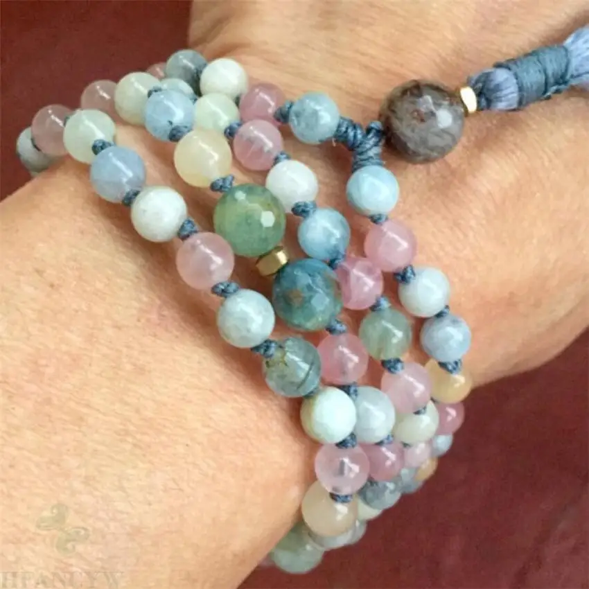 6mm Morganite Gemstone Mala necklace 108 Beads Tassel Tassel Chakas Meditation Lucky Reiki cuff MONK Unisex Bless yoga Buddhism