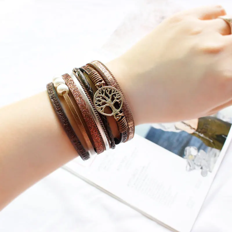 

2019 Fashion Leather Bracelet for Women Tree of Life Ladies Bohemian Multilayer Wide Wrap Bracelet Charm Bracelet Female Jewelry