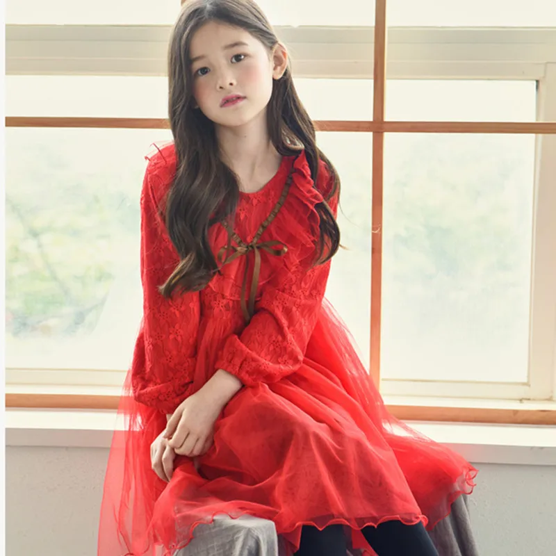 

DFXD Girls Red Long Sleeve Full Lace Princess Dress Winter Cotton Plus Velvet Ball Gown Party Dress 3-12Yrs Teen Girl Clothes