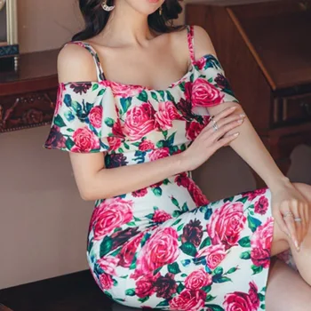 

han edition printed package hip aristocratic temperament ruffled skirt with shoulder-straps cultivate morality dress