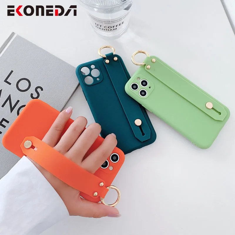 

EKONEDA Wrist Strap Case For iPhone 11 Pro XS Max X XR SE 2020 7 8 Plus Phone Holder Plain Colors Soft TPU Case Cover