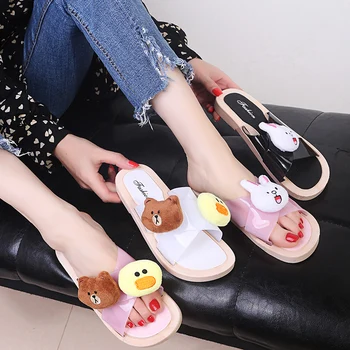 

Women's Slippers Rabbit Cbear Artoon Pictures Cute Ladies Sandals Sweet Outdoor Indoor Slippers Woman Flat Shoes Summer Slides